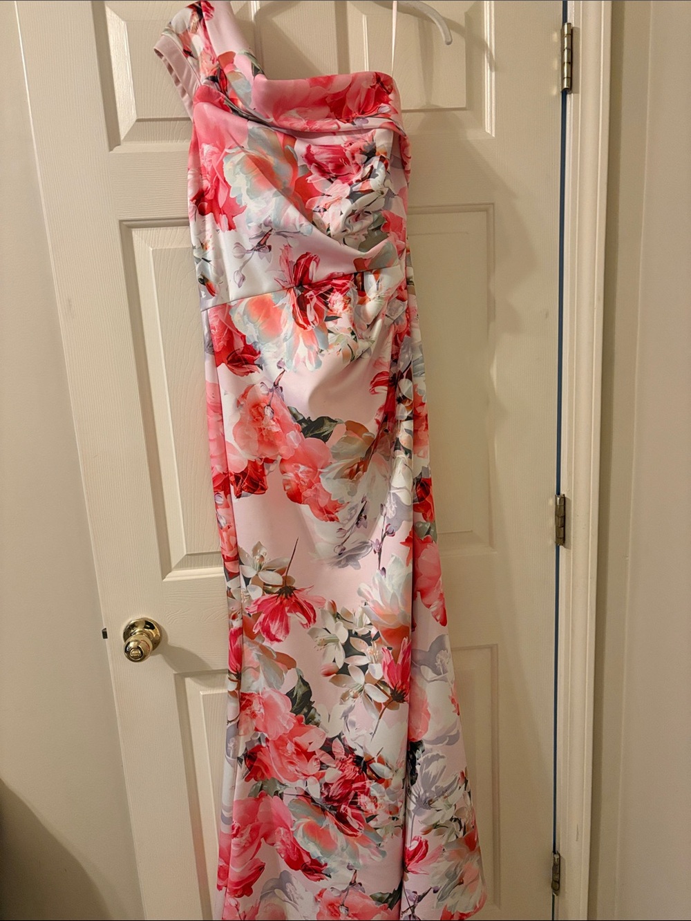 Eliza J One-Shoulder Floral Gown in Pink and Red